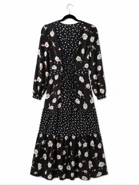 Modcloth Black Floral Tiered Midi Dress with Puff Sleeves